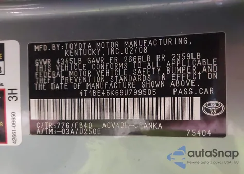 2009 Toyota Camry Le from USA, damaged, VIN 4T1BE46K69U799505